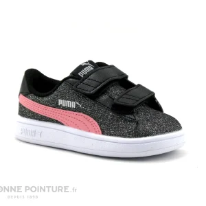 Nouvelle Collection Vente flash ❤️ Bébé Puma SMASH Glitz – Noir – Paillettes – Rose – Basket Fille – Scratches 🔔 17