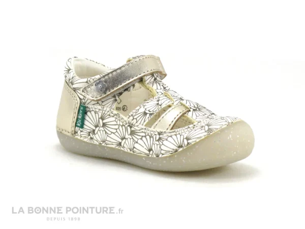 Vente flash 💯 Bébé Kickers SUSHY Blanc Argent Coquillage – 🩴 Sandale Fille Premiers Pas ❤️ achetez 1